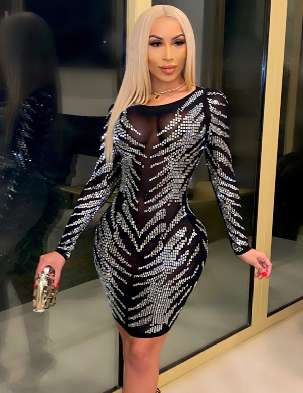 Sexy Black and Silver Beaded Long Sleeve Party Dress