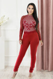 Formal Red Mesh Patch Long Sleeve Fit Jumpsuit