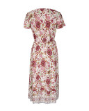 Elegant V-Neck Floral Long Dress with Short Sleeves