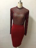 Formal Red Mesh Patch Beaded Long Sleeve Midi Dress