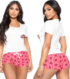 Summer Lips Print White and Pink Pajama Shorts Set