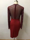 Formal Red Mesh Patch Beaded Long Sleeve Midi Dress