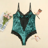 Sexy Lace Patch Green Velvet Teddy Lingerie