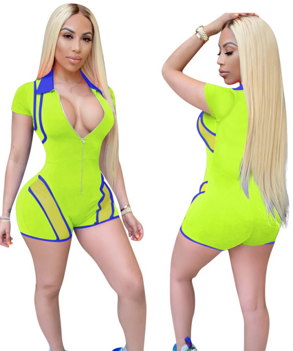 Sports Mesh Patch Short Sleeves Front Zipped Bodycon Rompers