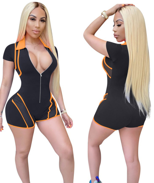Sports Mesh Patch Short Sleeves Front Zipped Bodycon Rompers