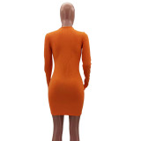 Spring Party Sexy Long Sleeve Chains Lace Up Orange Bodycon Dress