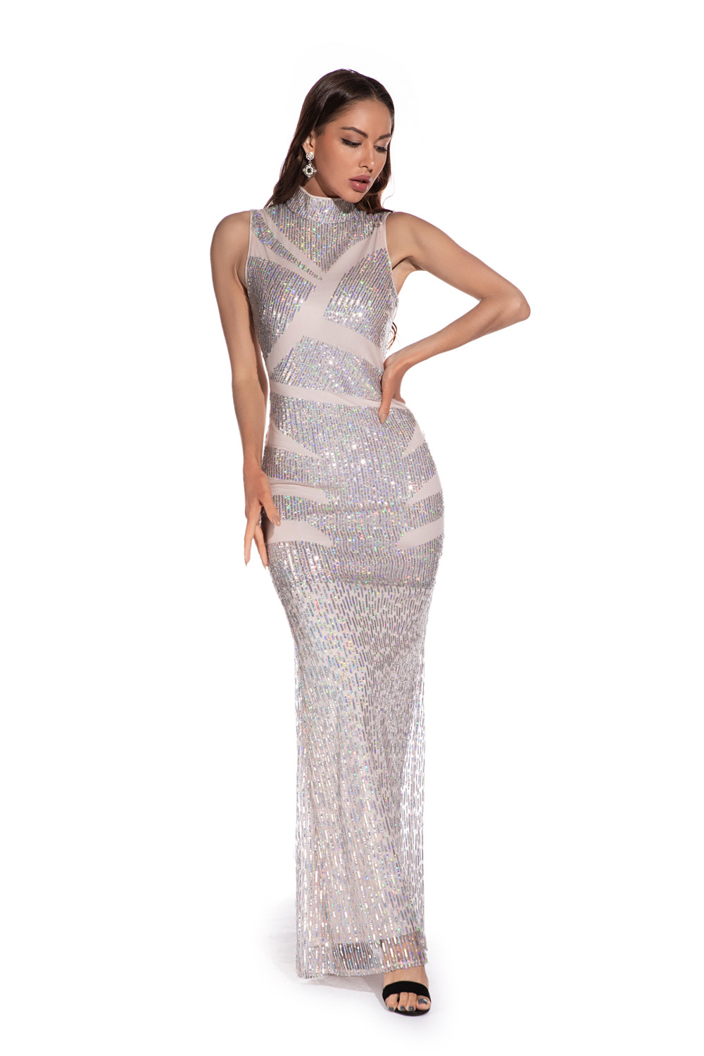 Wholesale Formal Sequins Sleeveless Turtleneck Long Evening Dress Global Lover