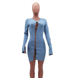 Spring Party Sexy Long Sleeve Chains Lace Up Blue Bodycon Dress