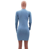 Spring Party Sexy Long Sleeve Chains Lace Up Blue Bodycon Dress