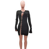 Spring Party Sexy Long Sleeve Chains Lace Up Black Bodycon Dress