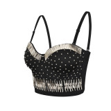 Party Sexy Black and Silver Beaded Strap Crop Top