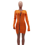 Spring Party Sexy Long Sleeve Chains Lace Up Orange Bodycon Dress
