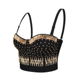Party Sexy Black and Gold Beaded Strap Crop Top