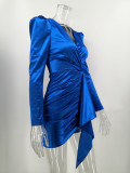 Formal Blue Wrapped Club Dress with Full Sleeves