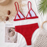 Solid Color Two Piece High Waist Strap Swimwear