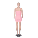Summer Party Pink Sexy Wrapped Hem Strap Mini Bodycon Dress