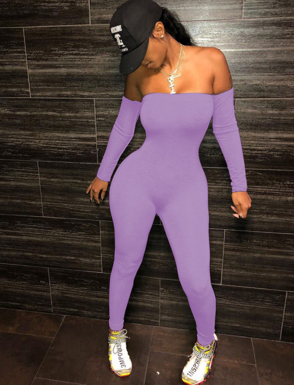 Party Purple Long Sleeve Strapless Bodycon Jumpsuit