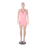 Summer Party Pink Sexy Wrapped Hem Strap Mini Bodycon Dress