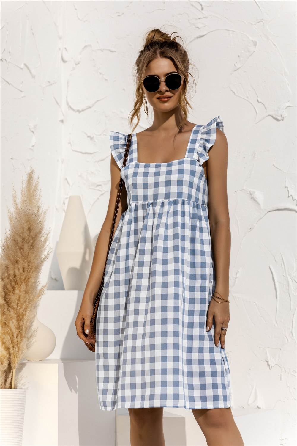 Wholesale Summer Plaid Print Wide Strap A-Line Short Dress | Global Lover