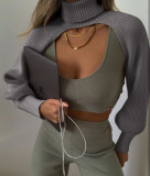 Street Style Turndown Colar Knitted Cape Top with Full Sleeves