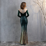 Formal Long Sleeve Patch Velvet Sequins Mermaid Evening Dress