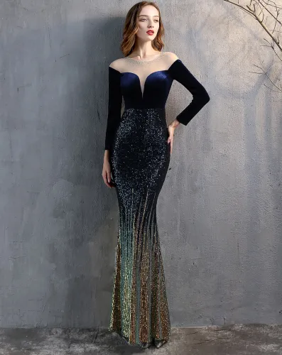 Formal Long Sleeve Patch Velvet Sequins Mermaid Evening Dress