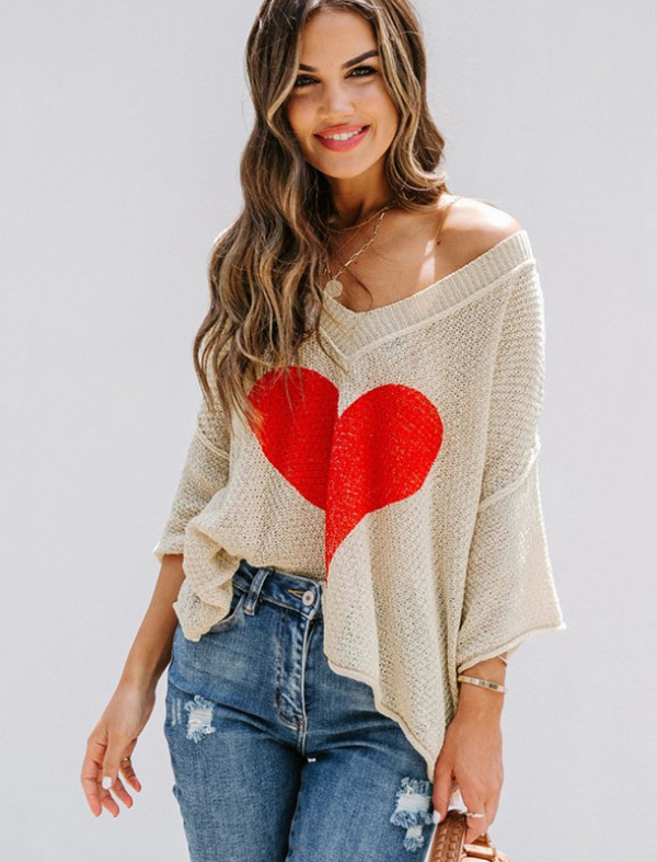 Casual V-Neck Bat Sleeve Heart Pullover Sweater