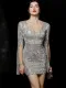 Formal V-Neck Sequins Mini Dress with Slit Sleeves