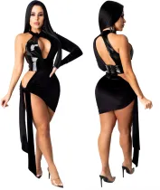 Sexy Black Leather Patch Cut Out Irregular Party Dress
