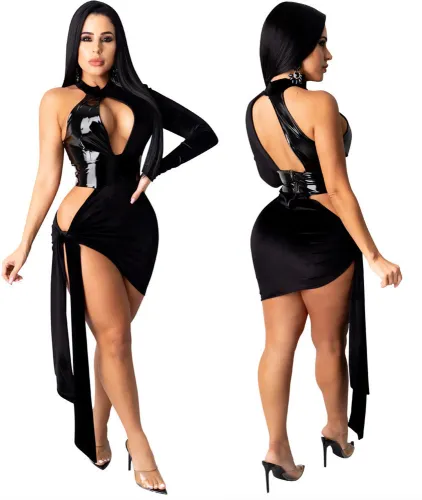 Sexy Black Leather Patch Cut Out Irregular Party Dress