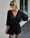 Summer Casual Lace Patch Wrapped Rompers with Wide Sleeves