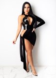 Sexy Black Leather Patch Cut Out Irregular Party Dress