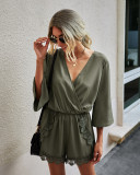 Summer Casual Lace Patch Wrapped Rompers with Wide Sleeves