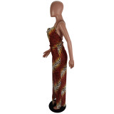 Summer Tiger Print Side Slit Elegant Halter Long Dress