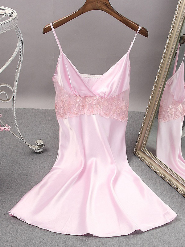 Valentine Sexy Lace Patch Satin Strap Dress Pajama