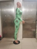 Print Green Long Sleeve Sexy Lounge Jumpsuit