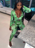 Print Green Long Sleeve Sexy Lounge Jumpsuit