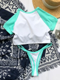 Two Piece Contrast Short Sleeve Thong Swimwear
