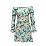 Spring Casual Long Sleeve Off Shoulder Print Short Dress