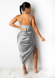 Sexy Solid Plain Irregular Ruched Strap Party Dress