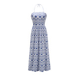 Summer Casual White and Blue Retro Print Strap Long Dress