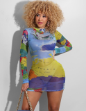 Sexy Map Print See Through Mini Club Dress with Full Sleeves