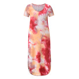Summer Casual Tie Dye Side Slit V-Neck Long Shirt Dress