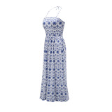 Summer Casual White and Blue Retro Print Strap Long Dress