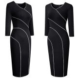 Spring Stripes V-Neck Office Midi Dress with Half Sleeves