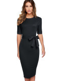 Summer Solid Color O-Neck Office Midi Dress with Belt