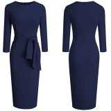 Spring Solid Color O-Neck Office Midi Dress with Belt