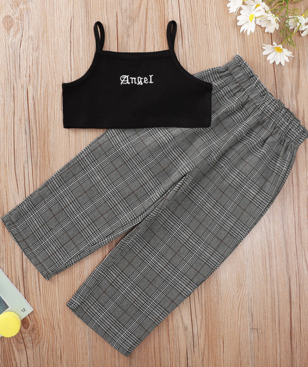 Kids Girl Summer Black Strap Vest and Plaid Pants Set