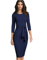 Spring Solid Color O-Neck Office Midi Dress with Belt
