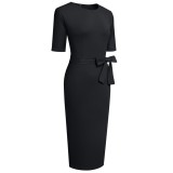 Summer Solid Color O-Neck Office Midi Dress with Belt